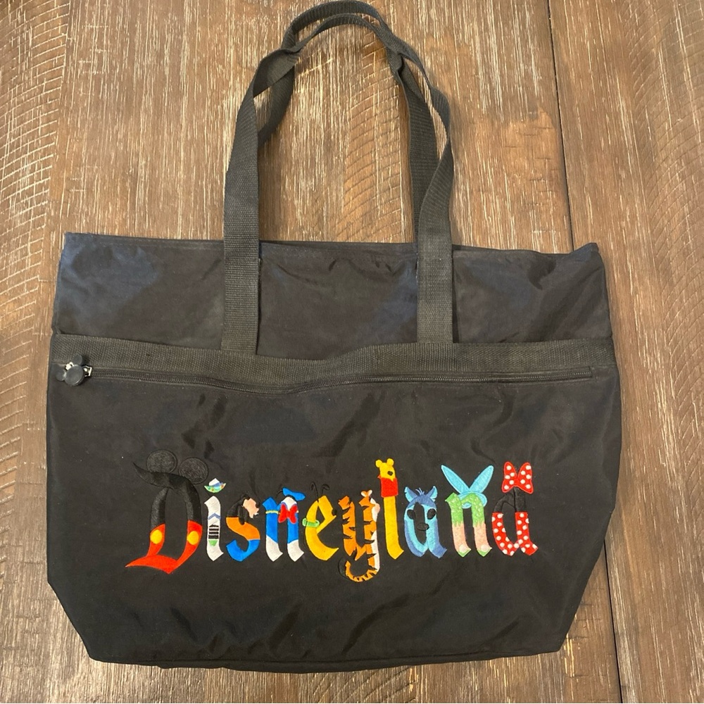 Disneyland Park Tote Bag Black Zipper Top Embroidered Character Spellout